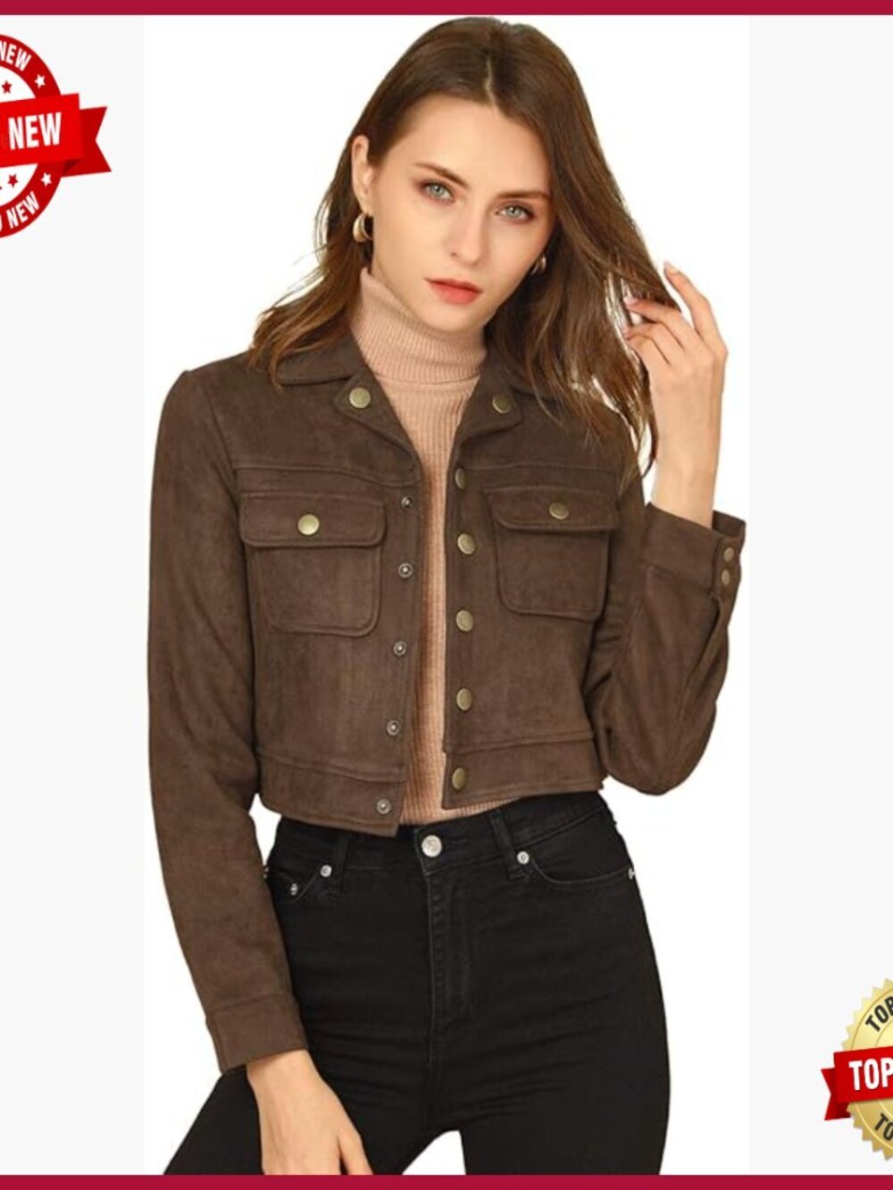 Faux Suede Cropped Moto Jacket with Button Closure and Pockets